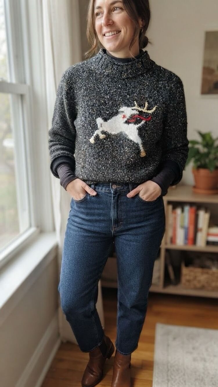 Vintage Speckled Charcoal Gray Reindeer Christmas Mock Neck Sweater Size L peti
